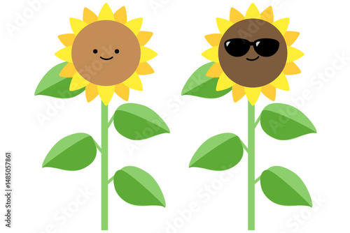 かわいいひまわり ２輪 (笑顔とサングラス) 顔付きキャラクター ベクター素材イラスト