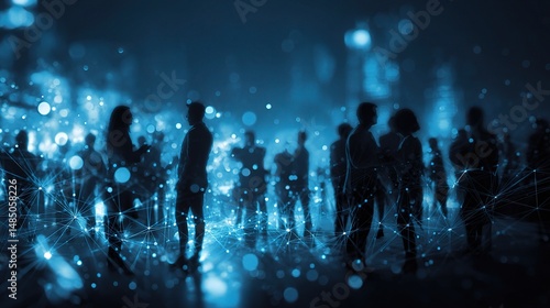 Abstract Blue Toned Double Exposure of People in a Network Setting