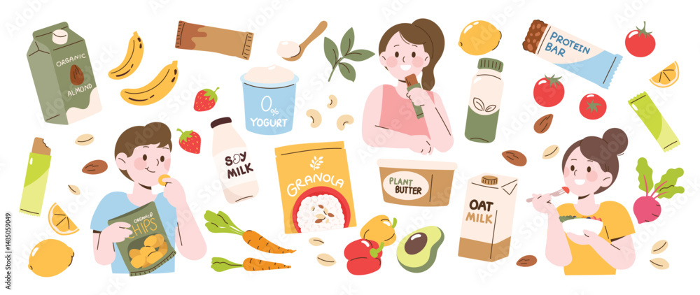 Hand drawn Healthy food and product element vector. Vegans people eat and holding plant-based food, protein bar, snack, organic food, fruit, vegetable. Design for packaging, vegan product, health. Hand drawn Healthy food and product element vector. Vegans people eat and holding plant-based food, protein bar, snack, organic food, fruit, vegetable. Design for packaging, vegan product, health.