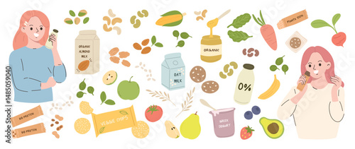 Hand drawn Healthy food and product element vector. Vegans people eat and holding plant-based food, protein bar, snack, organic food, fruit, vegetable. Design for packaging, vegan product, health.