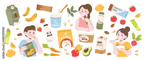 Hand drawn Healthy food and product element vector. Vegans people eat and holding plant-based food, protein bar, snack, organic food, fruit, vegetable. Design for packaging, vegan product, health.