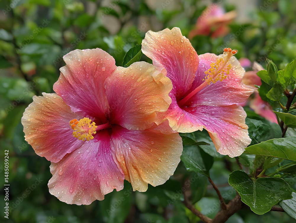 Fototapeta premium Bright exotic hibiscus flowers with lush greenery