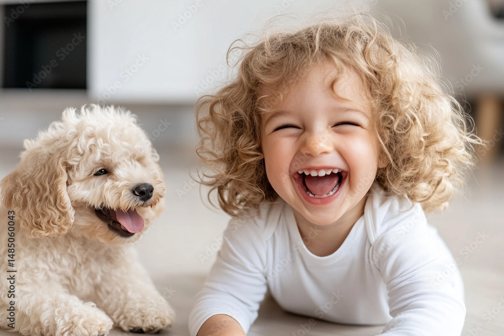 Child laughing joyfully while playing with an adorable puppy on a sunny afternoon at home Child laughing joyfully while playing with an adorable puppy on a sunny afternoon at home