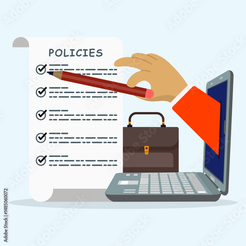 Hand а from laptop holding red pencil to fill checklist on policies paper. Company policy document and business briefcase.