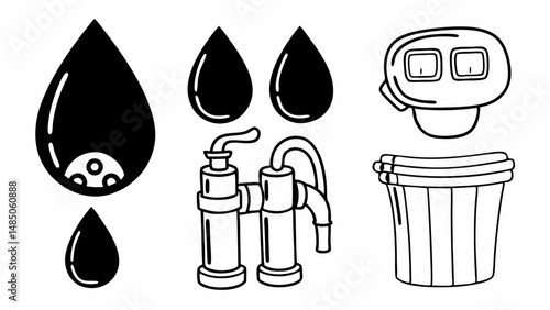 Illustration of water drops, water filter, water meter and a water tank in black and white style created with generated ai