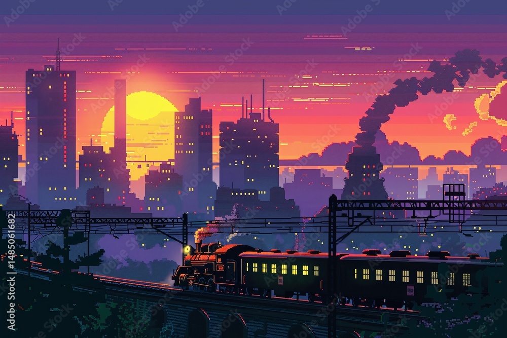 Naklejka premium Pixel Art Steam Train at Sunset in City Varient 4