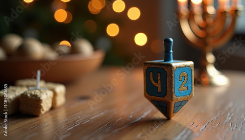 Menorah and dreidel with festive decorations on wooden table