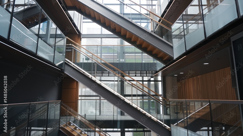 Fototapeta premium Modern atrium stairs, glass walls, wood accents, office building interior