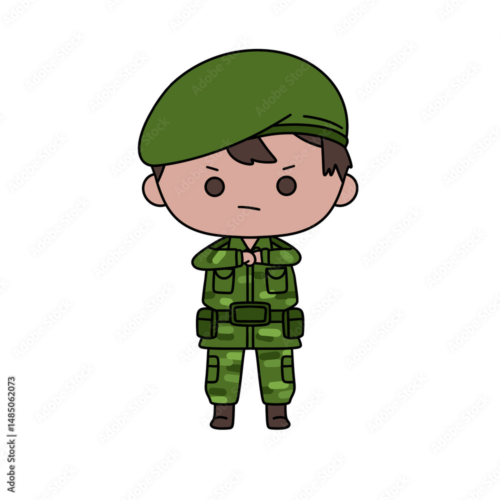 A cartoon soldier is standing with his arms crossed and a scowl on his face A cartoon soldier is standing with his arms crossed and a scowl on his face