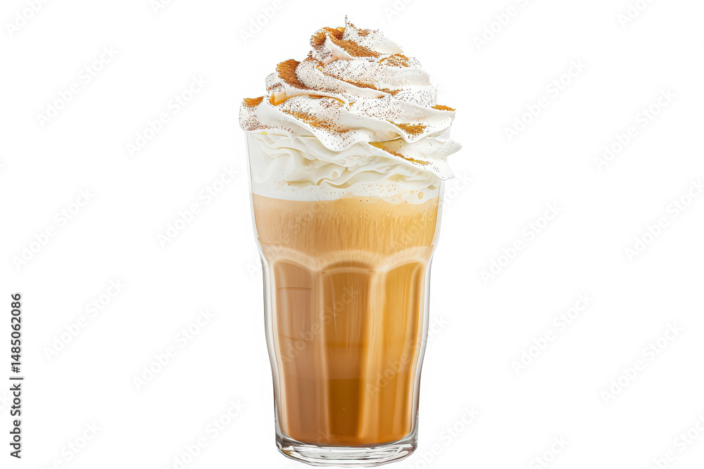 Glass of coffee with whipped cream on top. The whipped cream is fluffy and white, and the coffee is brown. Concept of indulgence and relaxation Glass of coffee with whipped cream on top. The whipped cream is fluffy and white, and the coffee is brown. Concept of indulgence and relaxation