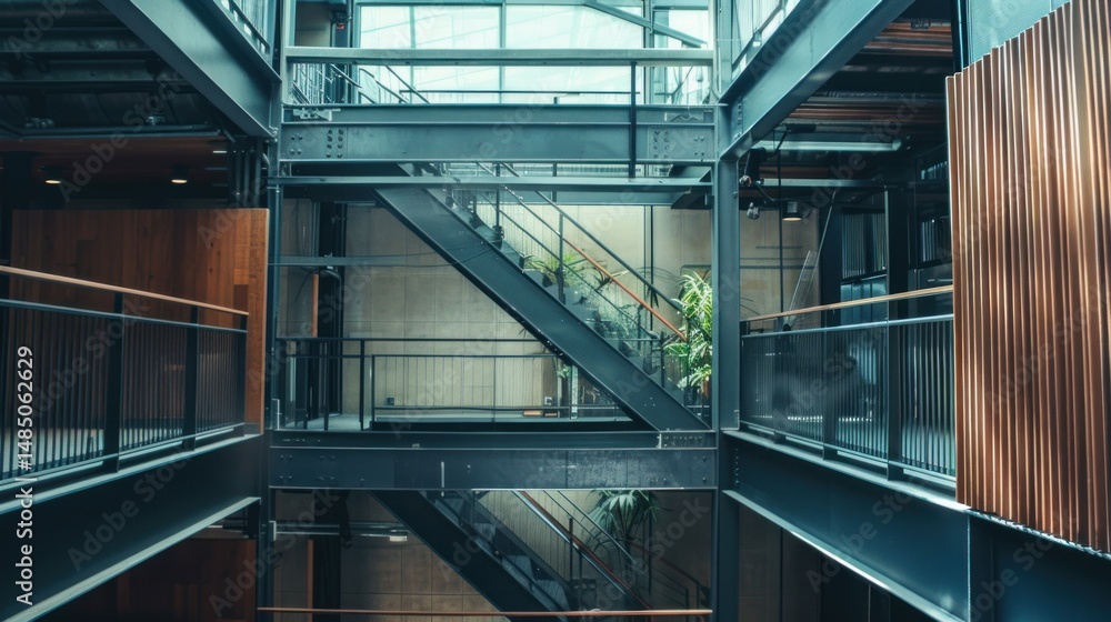 Fototapeta premium Modern office atrium stairs, industrial design, plants, sunlight