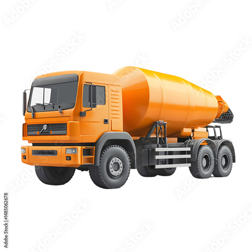 Digitally rendered image of a large orange concrete mixer truck, presented in a front view, and with a vibrant color scheme.