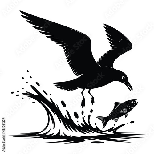 Seagull Stealing Catch Silhouette, Vector, Illustration, Icon, Logo, White Background.