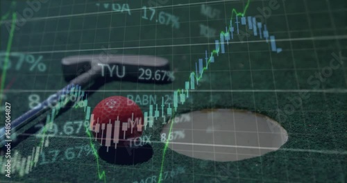Financial data overlaying golf putting green, featuring red ball, hole cup, candlestick bars