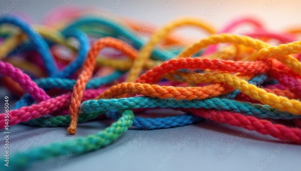Vibrant rainbow colored strings tangled together, close-up , textile, woven, string art Vibrant rainbow colored strings tangled together, close-up , textile, woven, string art