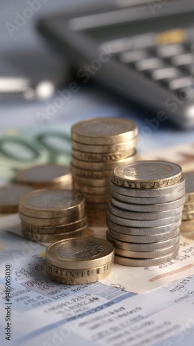 Close Up of Stacks of Gold and Silver Coins on Euro Banknotes with Calculator in Background