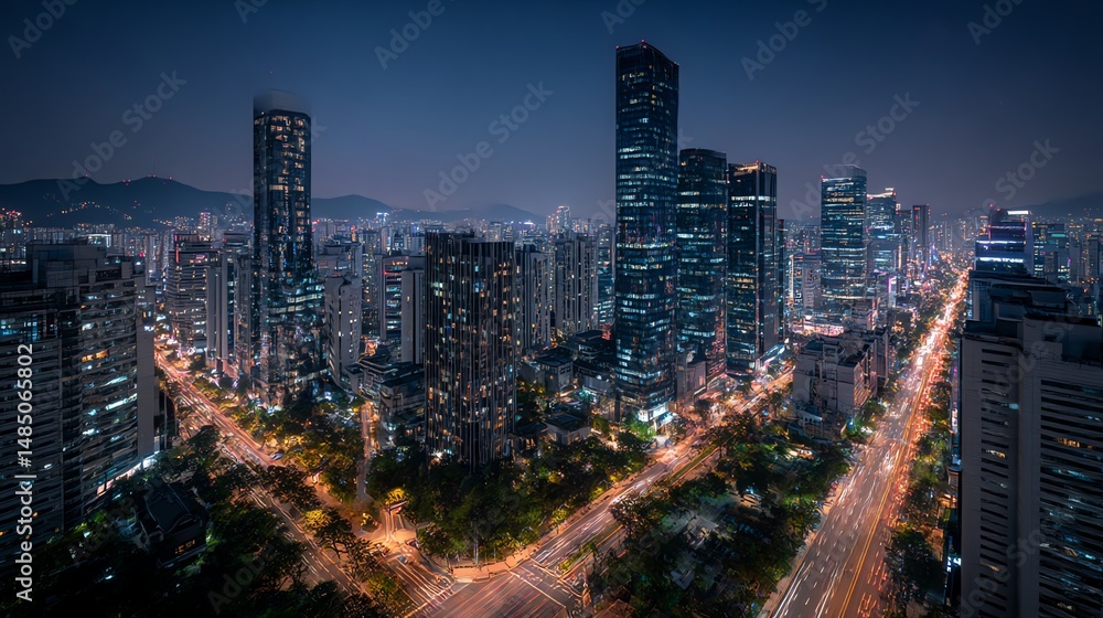 Fototapeta premium Explore Seoul's Gangnam District with stunning 8K ultra-modern buildings. Futuristic skyscrapers, vibrant cityscapes, and high-tech architecture. Perfect for urban, business, and luxury themes.