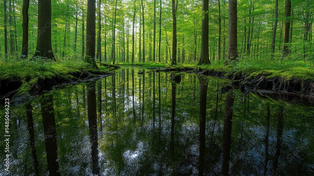 Obraz premium Tranquil forest stream reflecting tall trees