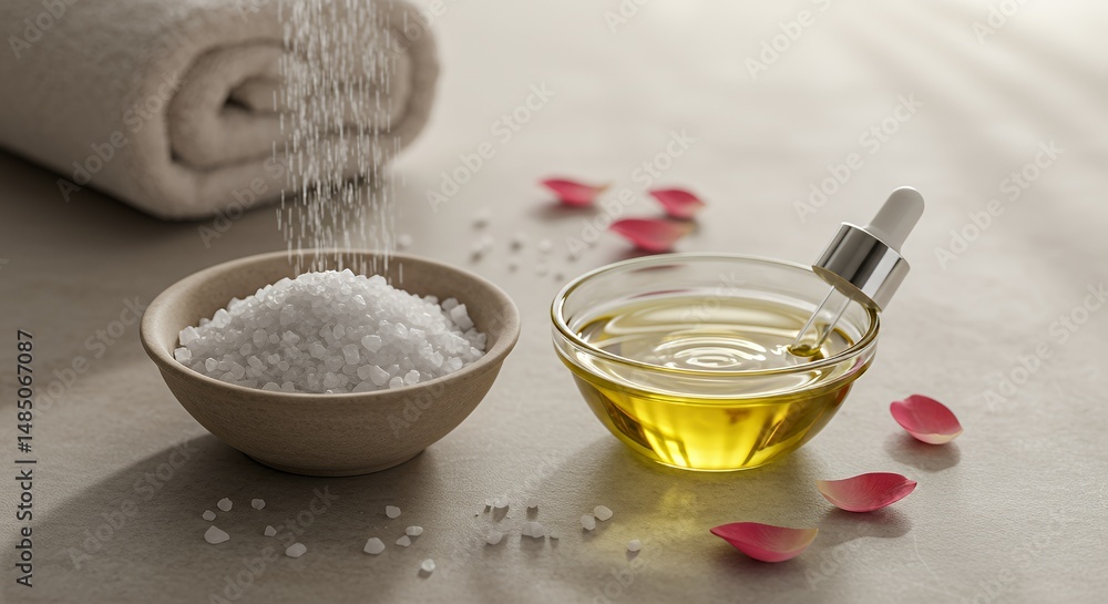 Coarse Sea Salt and Essential Oil for Spa Treatment Still Life Composition Coarse Sea Salt and Essential Oil for Spa Treatment Still Life Composition