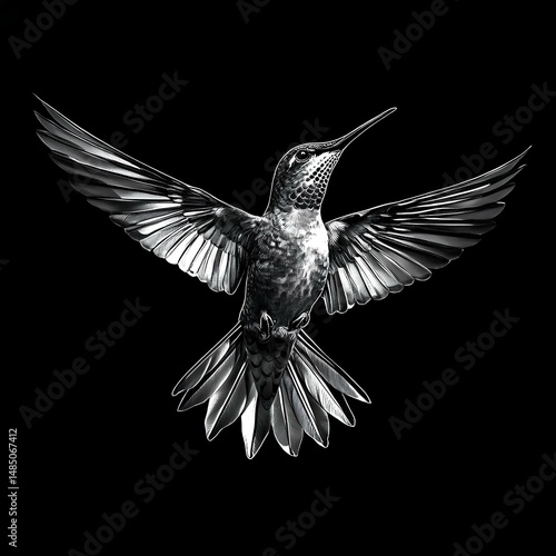Hummingbird flying with wings spread on black background