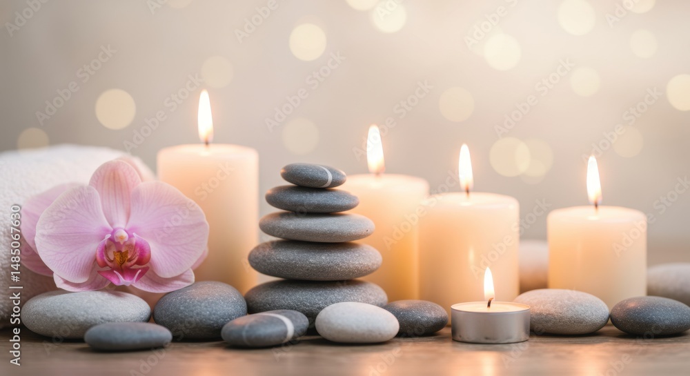 Spa arrangement representing serenity and balance, with candles, stones, and orchid Spa arrangement representing serenity and balance, with candles, stones, and orchid