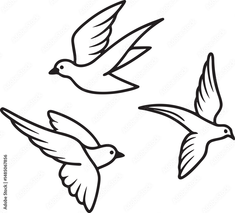 Obraz premium set of flying birds line art, black outline, vector and illustration, coloring book page line art drawing