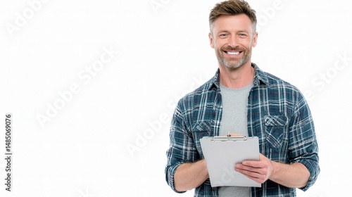 Smiling Male in Casual Shirt Holding Clipboard on White Background