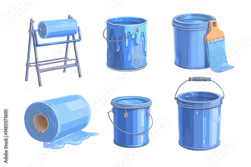 Artistic bucket of blue paint with roller brush