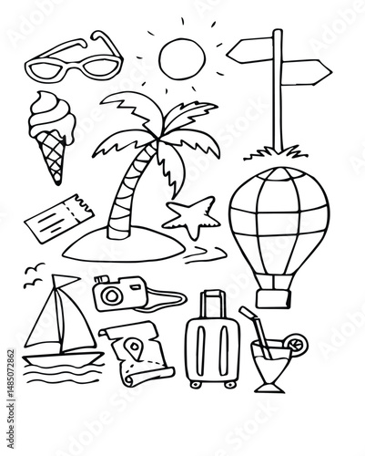 Set of trip and travel doodles with cute hand-drawn style isolated on white background	