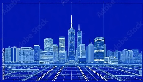 Futuristic cityscape as a blueprint in blue tones