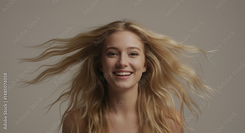 Fototapeta premium Radiant Woman with Blonde Frizzy Hair Smiling on Light Gray Background for Beauty or Cosmetic Theme Close Up Portrait