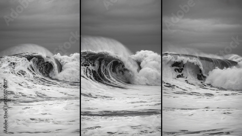 Fototapeta Naklejka Na Ścianę i Meble -  Monochromatic wave triptych powerful dynamic ocean surge captured in grayscale
