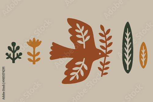 bird leaves boho flat sketch nature vector