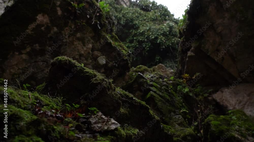 Camera movement among rocks in the rain Camera movement among rocks in the rain