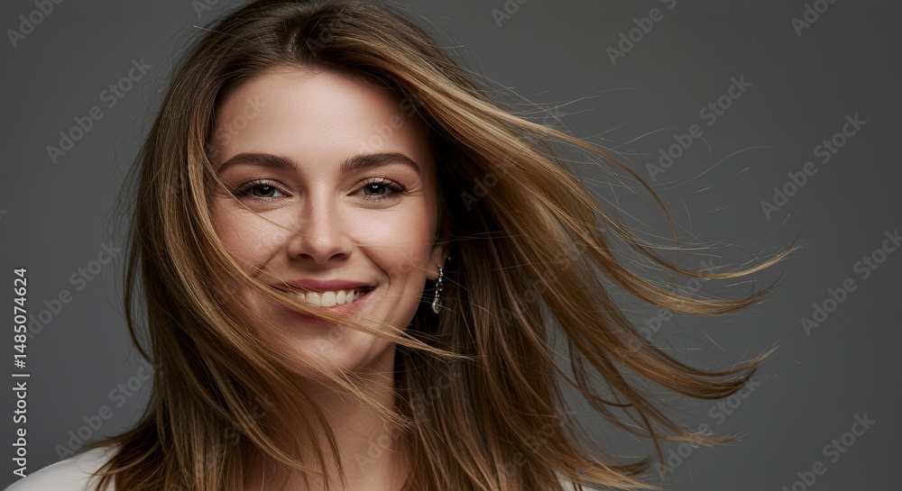 Fototapeta premium Smiling Young Woman with Windswept Hair and Radiant Skin on Gray Backdrop