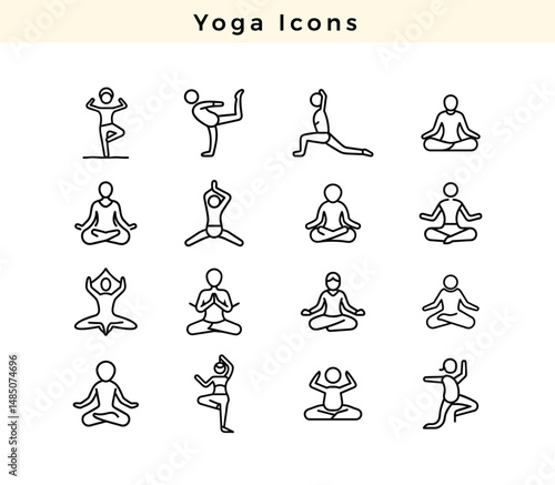 Yoga icon set on white background, vector, outline, illustration,  