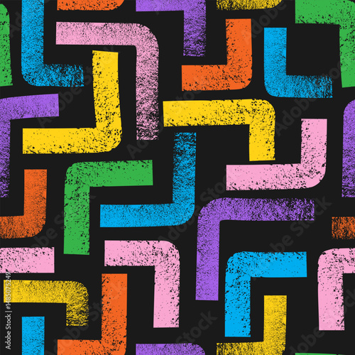 Abstract geometric seamless pattern with colorful textured lines on black. Repeated geometry brush strokes texture. Great for textile, fabric, wallpaper, wrapping, scrapbook and packaging