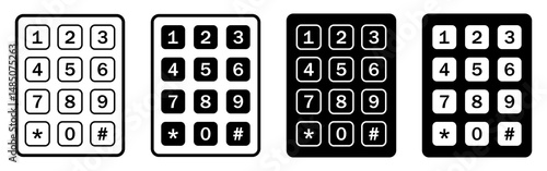 Set of telephone keypad vector icons in different black and white styles. Includes numbers 0 to 9, star, and hash keys. Telephone keypad icon set isolated on white background. Vector illustration.