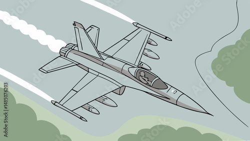 Vector SVG sleek fighter jet soars through sky, showcasing its powerful design and agility. aircraft maneuvers gracefully above lush