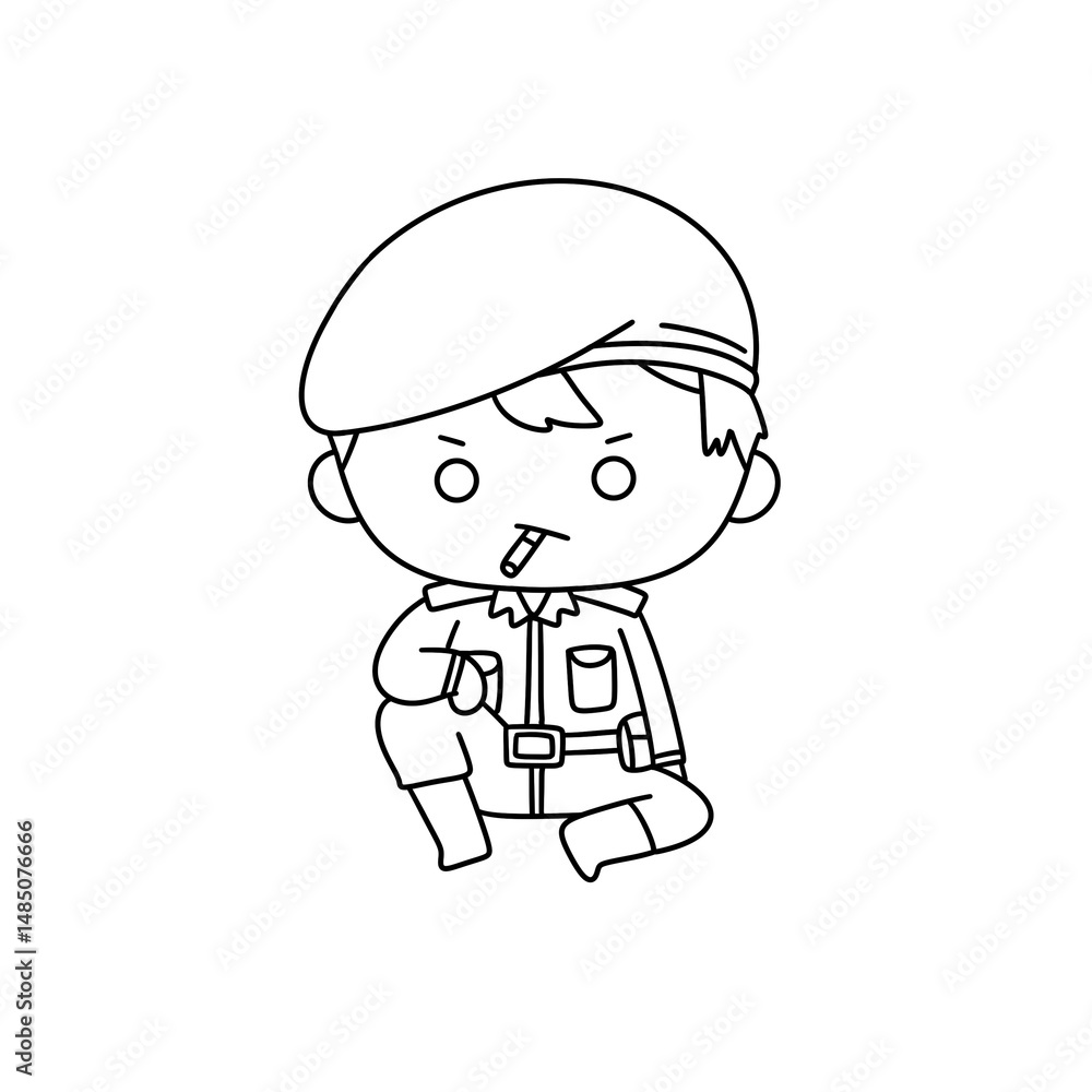 A cartoon of a man in a uniform with a cigarette in his mouth A cartoon of a man in a uniform with a cigarette in his mouth