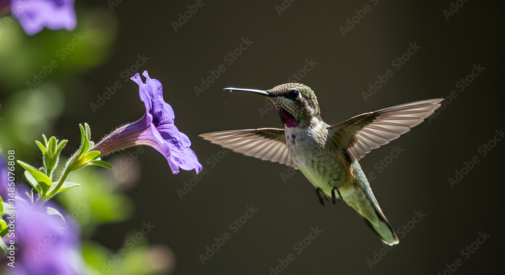 Naklejka premium Hummingbird Flying to Purple Flower for Nectar in Garden