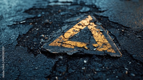 Cracked Asphalt with Warning Triangle Road Sign Close-up