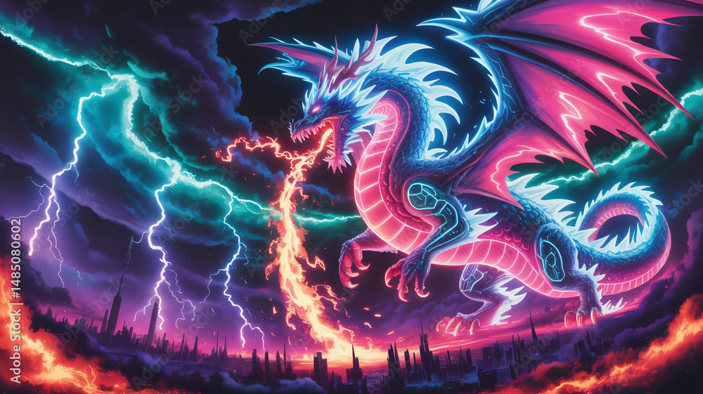 Obraz premium Neon dragon unleashing fiery wrath amidst electric storms in the sky a vivid digital artwork