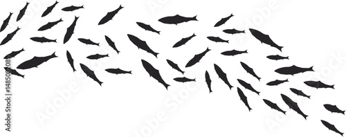 Black silhouettes of fishes,Swimming group of fishes on white background,fish school silhouettes
