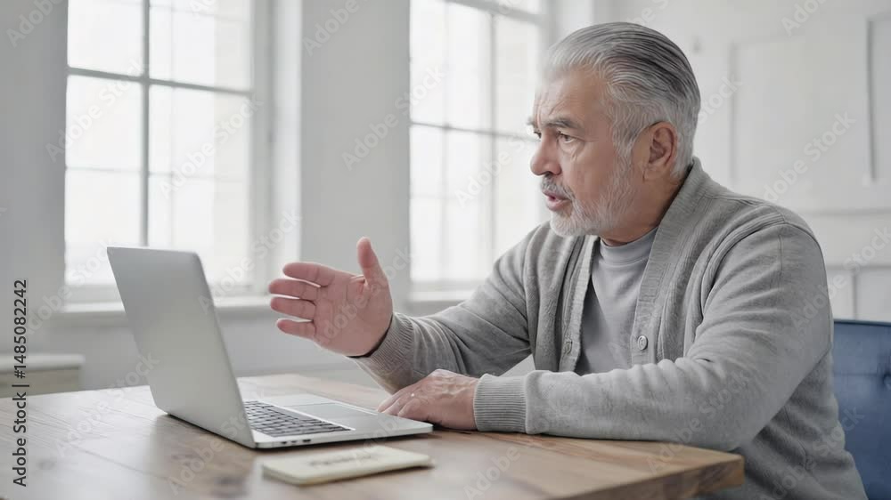 Elderly Gentleman Engaging with Technology on Laptop at Home Elderly Gentleman Engaging with Technology on Laptop at Home