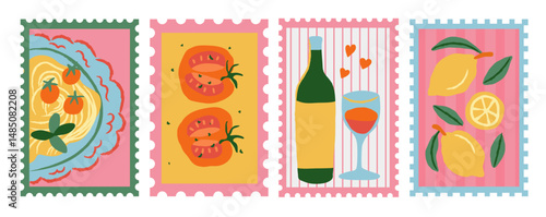 Hand drawn dining doodles in flat style. Posters postage stamp with pasta and tomato. Art for greeting cards, wedding invitations