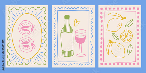 Posters with doodle italian food in ink style. Outline multicolor wine with glass and fruit lemons. Retro frame border element design.