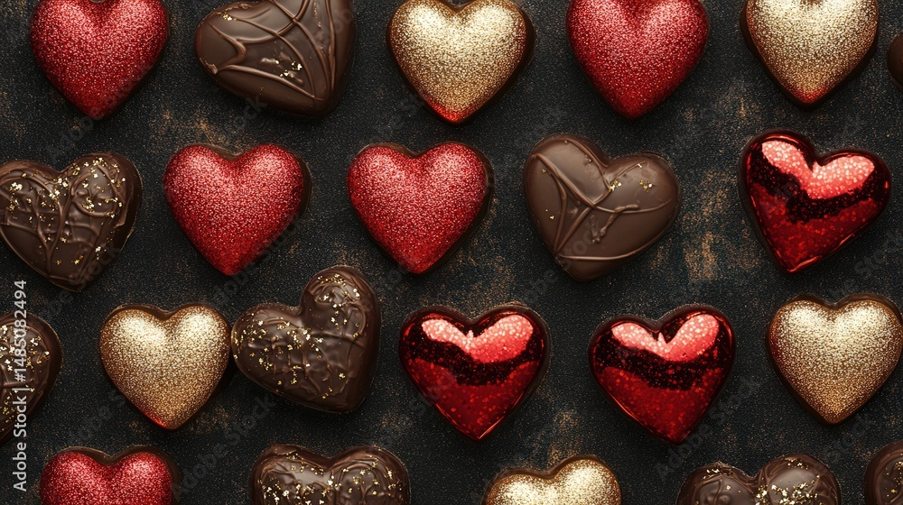 Fototapeta premium Heart-shaped chocolates and glittery hearts pattern background