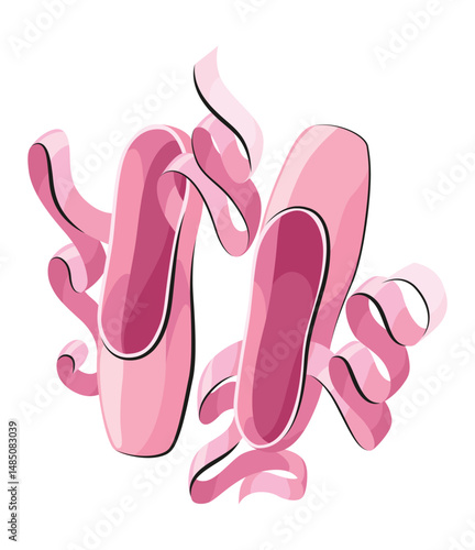 Ballet accessorie. Pink pair of pointe-shoes with satin or silk ribbon. Vector hand drawn sketch style object