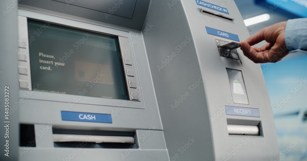 ATM Machine in Airport Terminal: Man Inserting Card, Pressing Buttons on ATM Keypad, Entering PIN Code for Money Withdrawal Operation. Cash Machine, Banking Services and Transactions. Close Up Shot. ATM Machine in Airport Terminal: Man Inserting Card, Pressing Buttons on ATM Keypad, Entering PIN Code for Money Withdrawal Operation. Cash Machine, Banking Services and Transactions. Close Up Shot.